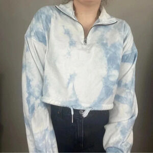 Tan Lines Blue and White Tie Dye Cropped Quarter Zip‎ Sweatshirt